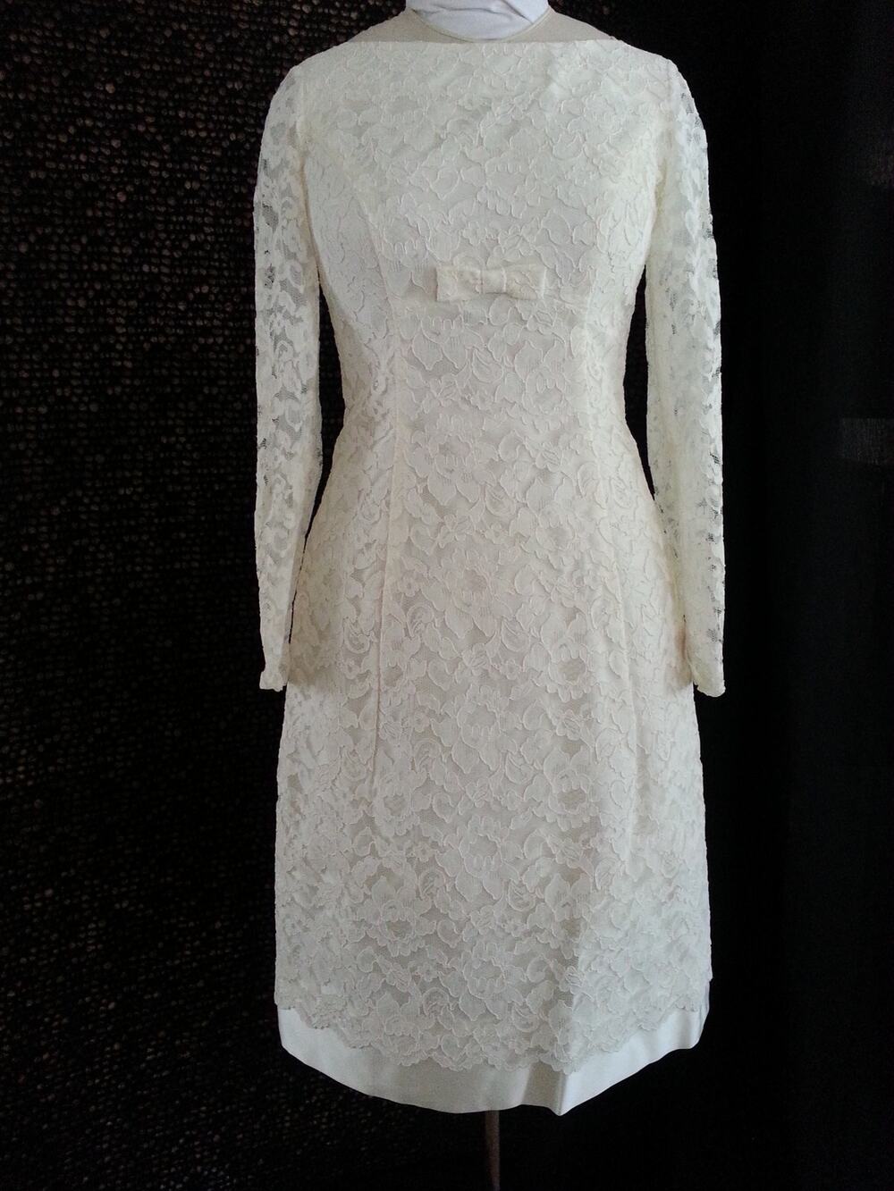 LORRIE DEB Short Vintage 60s Wedding Dress Size 9 Cream Lace Bows Retro Bridal